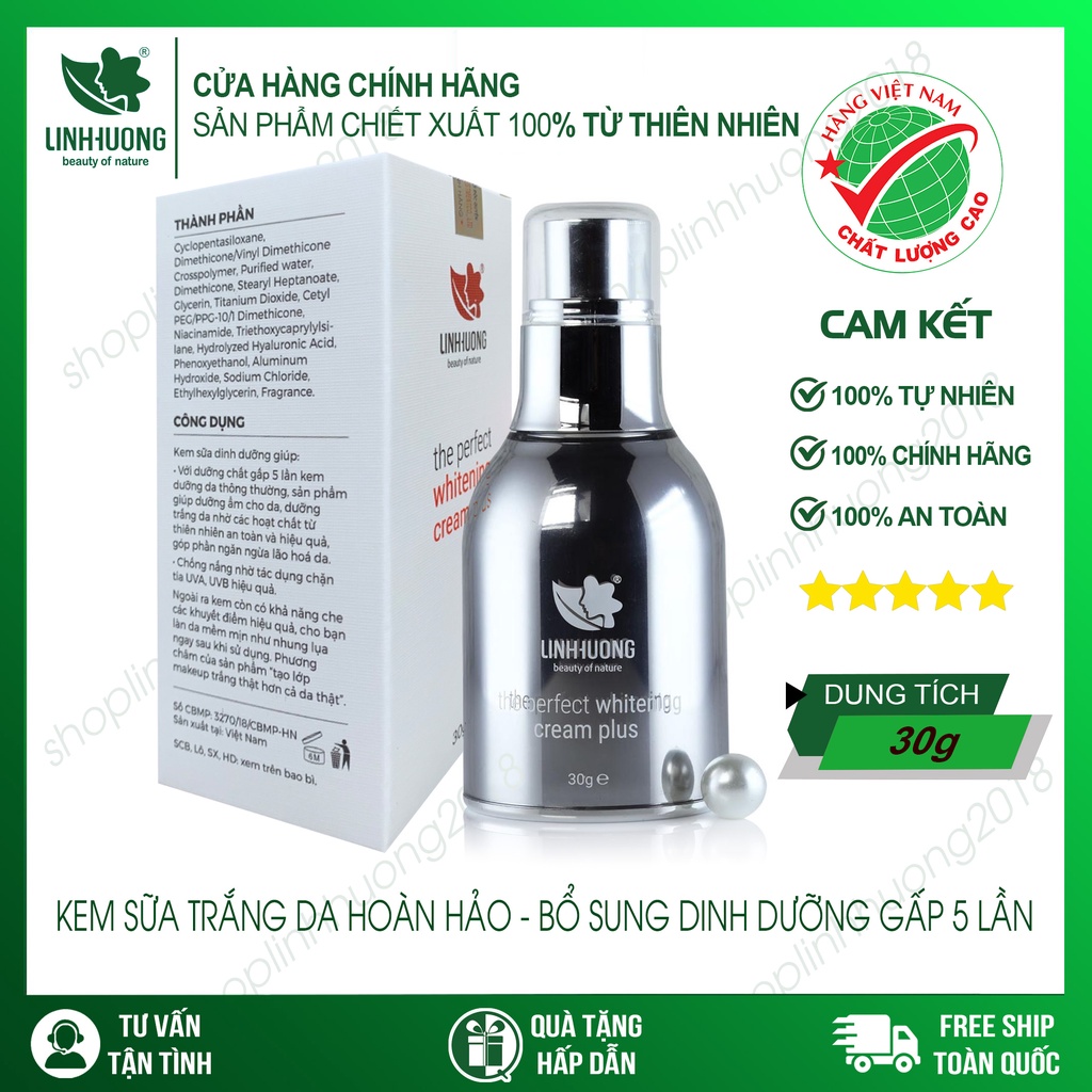 Kem Sữa Dưỡng Trắng Da Mặt, Cấp Ẩm, Ngừa Lão Hóa, Cân Bằng Da The Perfect Whitening Cream Plus Chính Hãng Linh Hương 30m