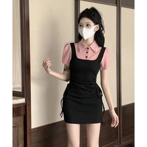 Đầm Giả Hai Mảnh Ngắn Tay Cổ Polo Phong Cách Hợp Thời Trang Cho Nữ