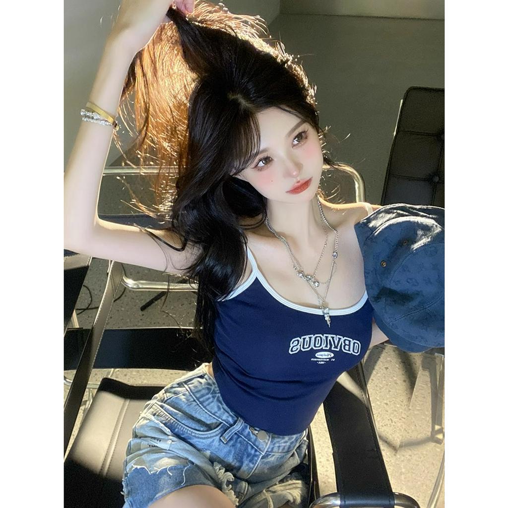 Áo Croptop Hai Dây Dáng Ôm In Chữ Phong Cách Mỹ Cổ Điển Thời Trang Mùa Hè Quyến Rũ Cho