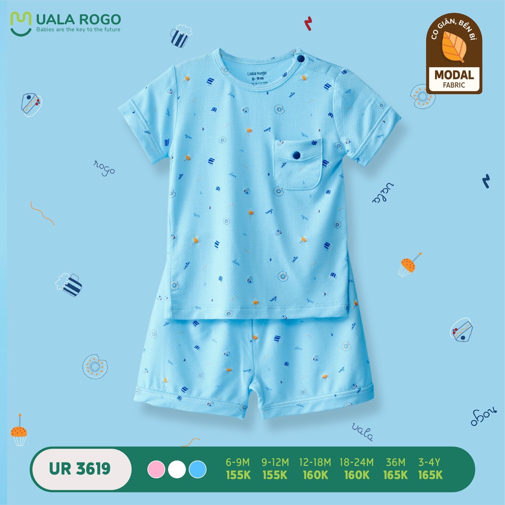 Bộ Uala Rogo Modal cộc tay sợi sồi in họa tiết nhí túi ngực mềm mịn thoáng mát cho bé trai bé gái 3619