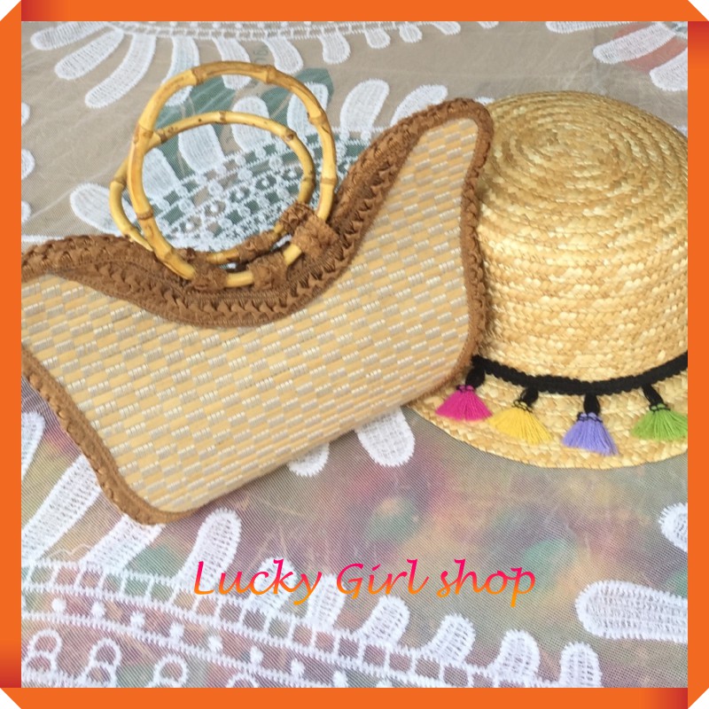 Túi Cói Xách Tay Hình Thuyền Quai Mây Xinh Xắn Size 30*19*9.5cm - Lucky Girl shop