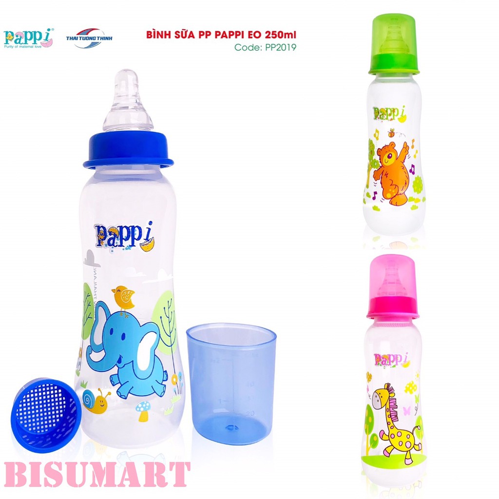 Bình sữa cổ hẹp, Bình sữa sơ sinh trẻ em Pappi nhựa PP 60ml - 125ml - 250ml Thái Lan ( mẫu mới)