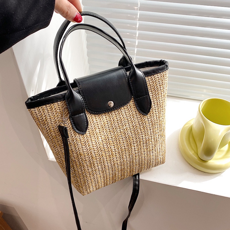 Túi xách JASMIN NOIR đan rơm dáng vuông cỡ lớn kiểu retro sang trọng cho nữ