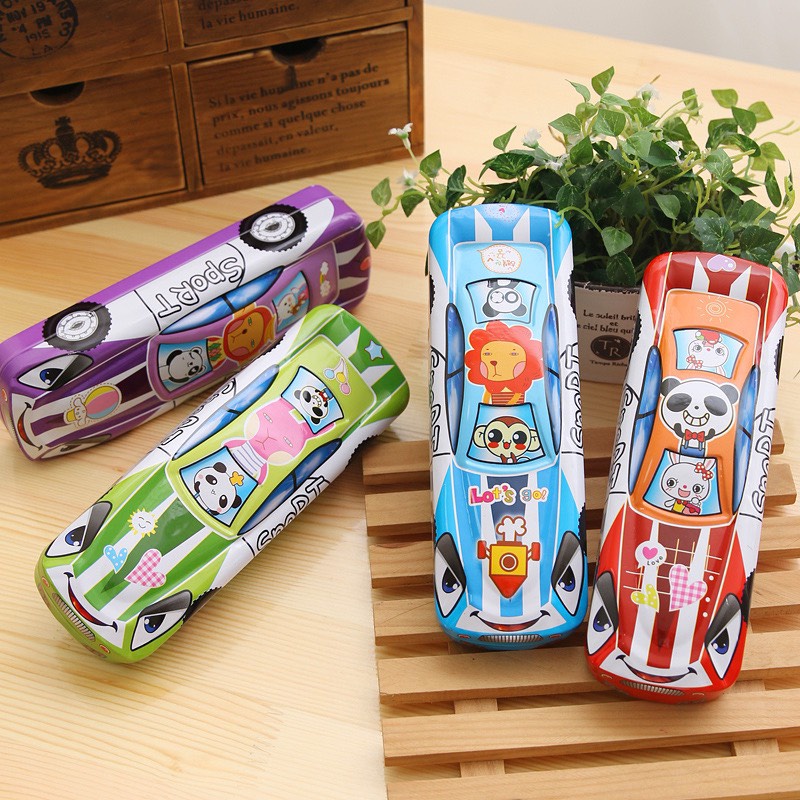 Hộp đựng bút hình ô tô 2 ngăn bằng kim loại cho bé đồ dùng học tập