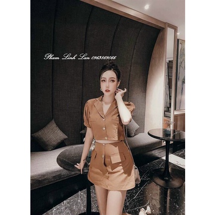 (Sale FreeShip) Sét váy nữ hàng thiết kế,áo cổ vest from croptop mix chân váy A ,tone nâu tôn da lên from xuất sắc