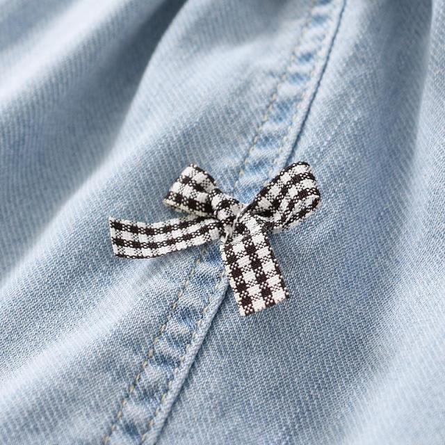 Chân Váy Denim Dáng Chữ a Lưng Cao Màu Trơn Đính Nơ Phong Cách Phương Tây Mới Cho Bé Gái