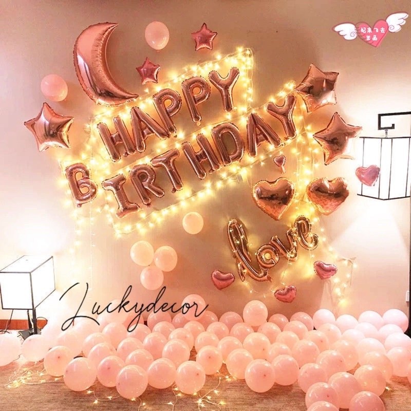 Combo Set Bóng Bay Sinh Nhật Màu Hồng MS89 + Tặng Đèn Sáng Ấm