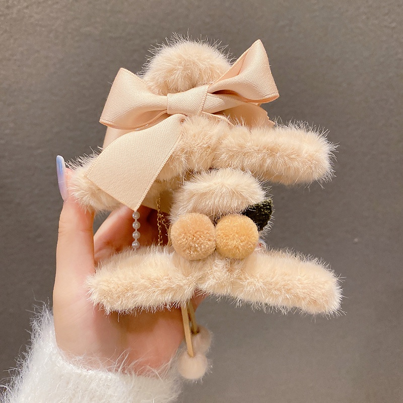 Kẹp Tóc Hình Nơ Phối Lông Phong Cách Hàn Quốc Thời Trang Cho Nữ