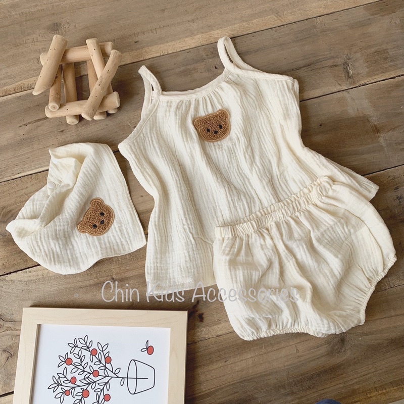 Bộ 2 dây quần bí hình gấu nâu vải xô muslin mềm mại cho bé