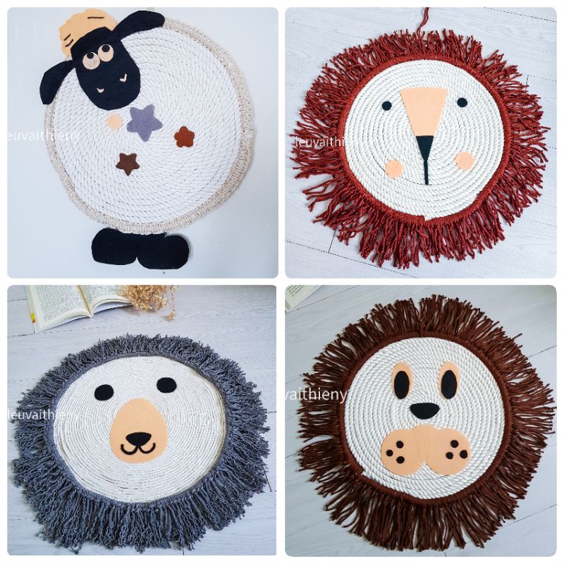 Thảm tròn macrame hình gấu, chó, cừu, sư tử Đan tay Handmade Thảm ngồi Decor treo tường trang trí Ảnh shop tự chụp