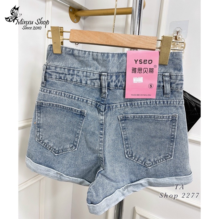 Quần sooc bò jean nữ, quần đùi bò jean nữ cạp cao 3 cúc cá tính không giãn hàng Quảng Châu Loại 1 mã Q2277