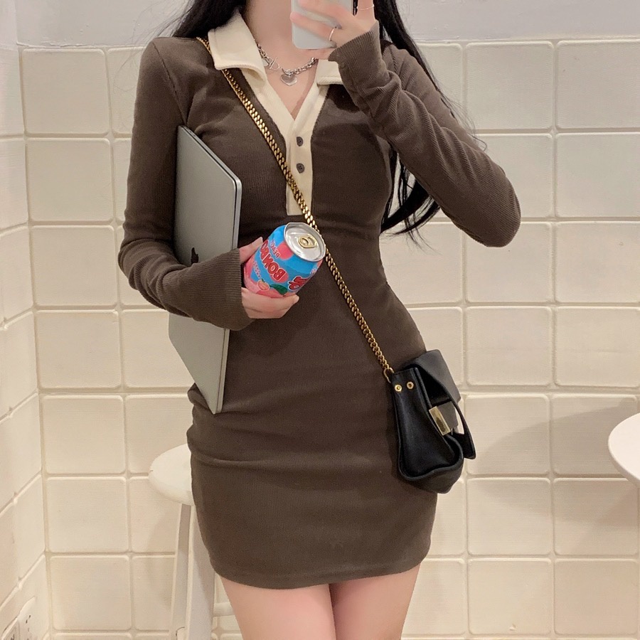 Đầm Tay Dài Cổ Polo Dáng Ôm Lưng Cao Kiểu Retro Hàn Quốc Thời Trang Cho Nữ