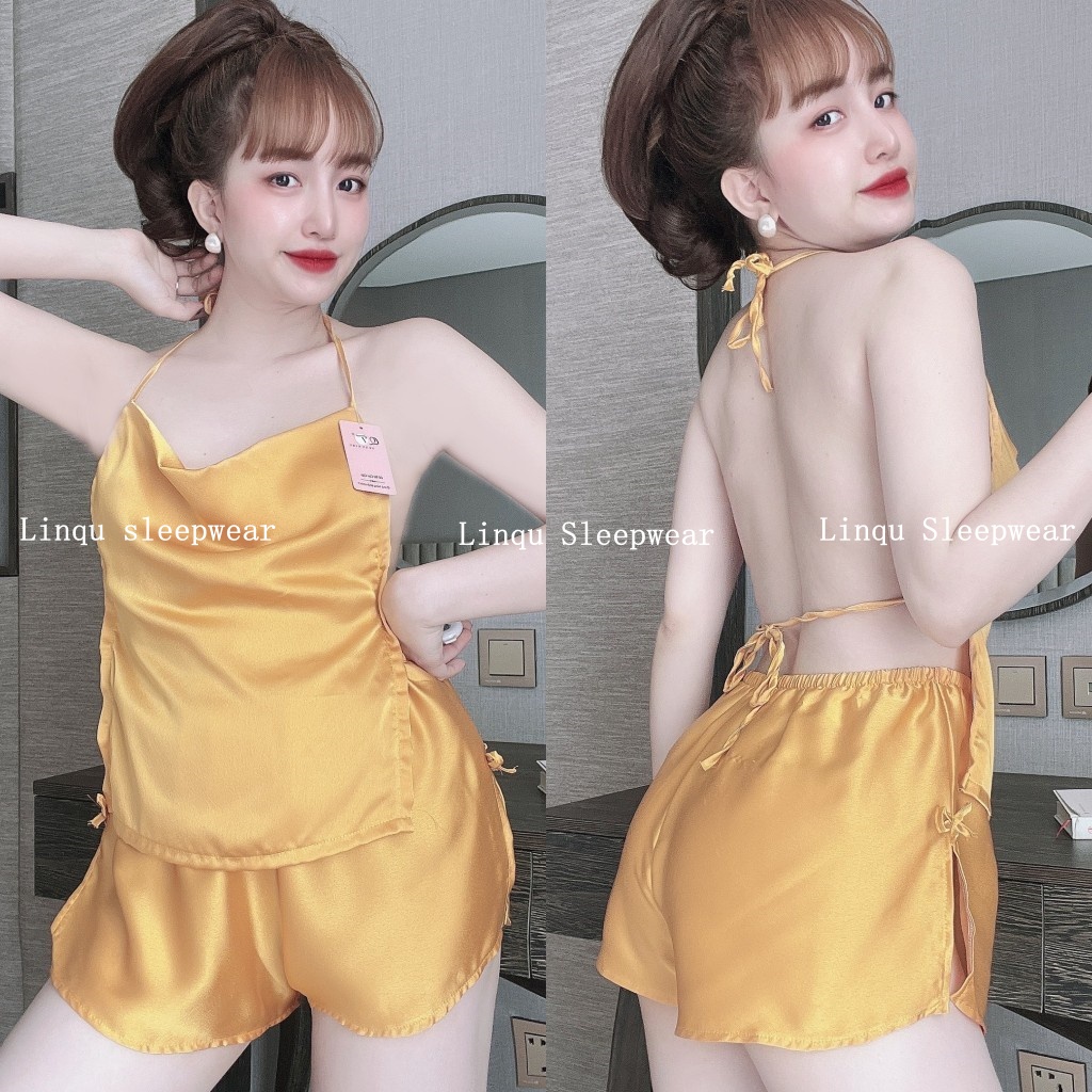 Yếm ngủ sexy cột dây lưng gợi cảm chất satin mặc ngủ thoải mái Freesize dưới 60kg - Linqu Sleepwear