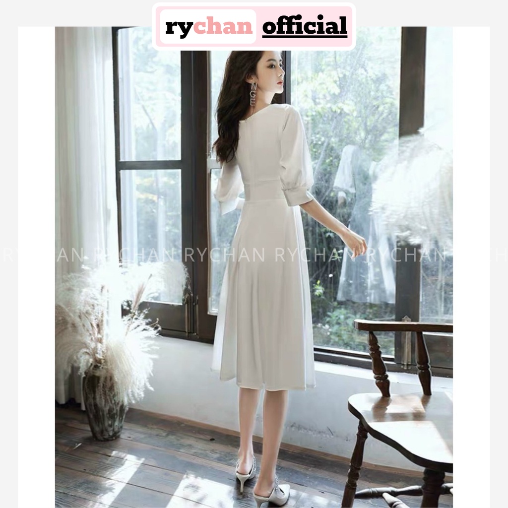 Đầm Xòe Midi Trắng Tay Lỡ Nút Bọc Lót Trong Dày Dặn [Ảnh Thật Cuối] - DX9999