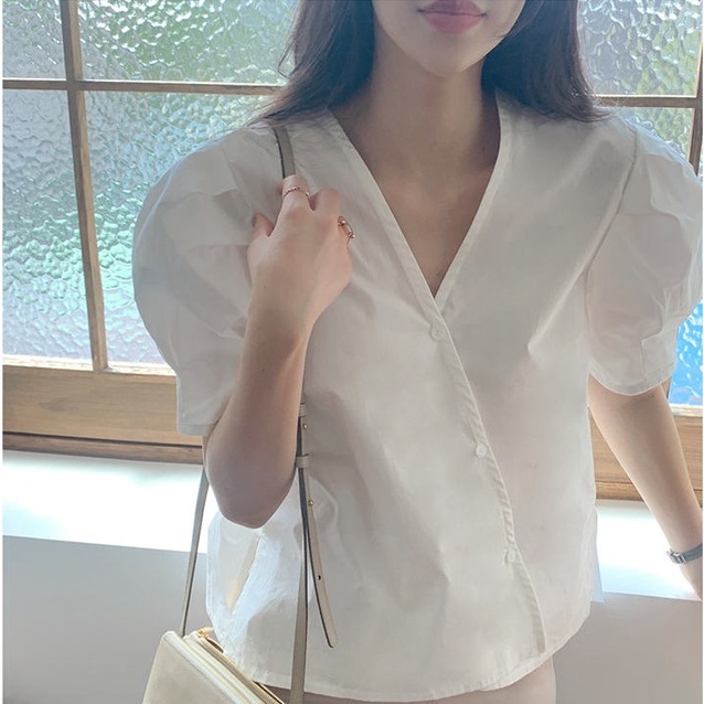 SUXI Áo Sơ Mi Tay Ngắn Cổ Chữ V Màu Trơn Phối Nút Đơn Giản Phong Cách Hàn Quốc Cho Nữ