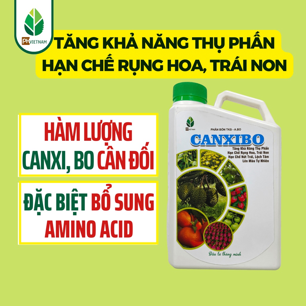 Phân bón lá Canxibo 1 lít – Dưỡng hoa, Dưỡng trái, làm dai cuống, chống rụng hoa rụng trái, thối trái, cứng cây xanh lá