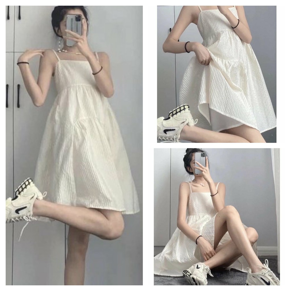 Váy Đầm Nữ Trắng 2 Dây Dập Ly Kèm Lót Dáng Ngắn Siêu Xinh