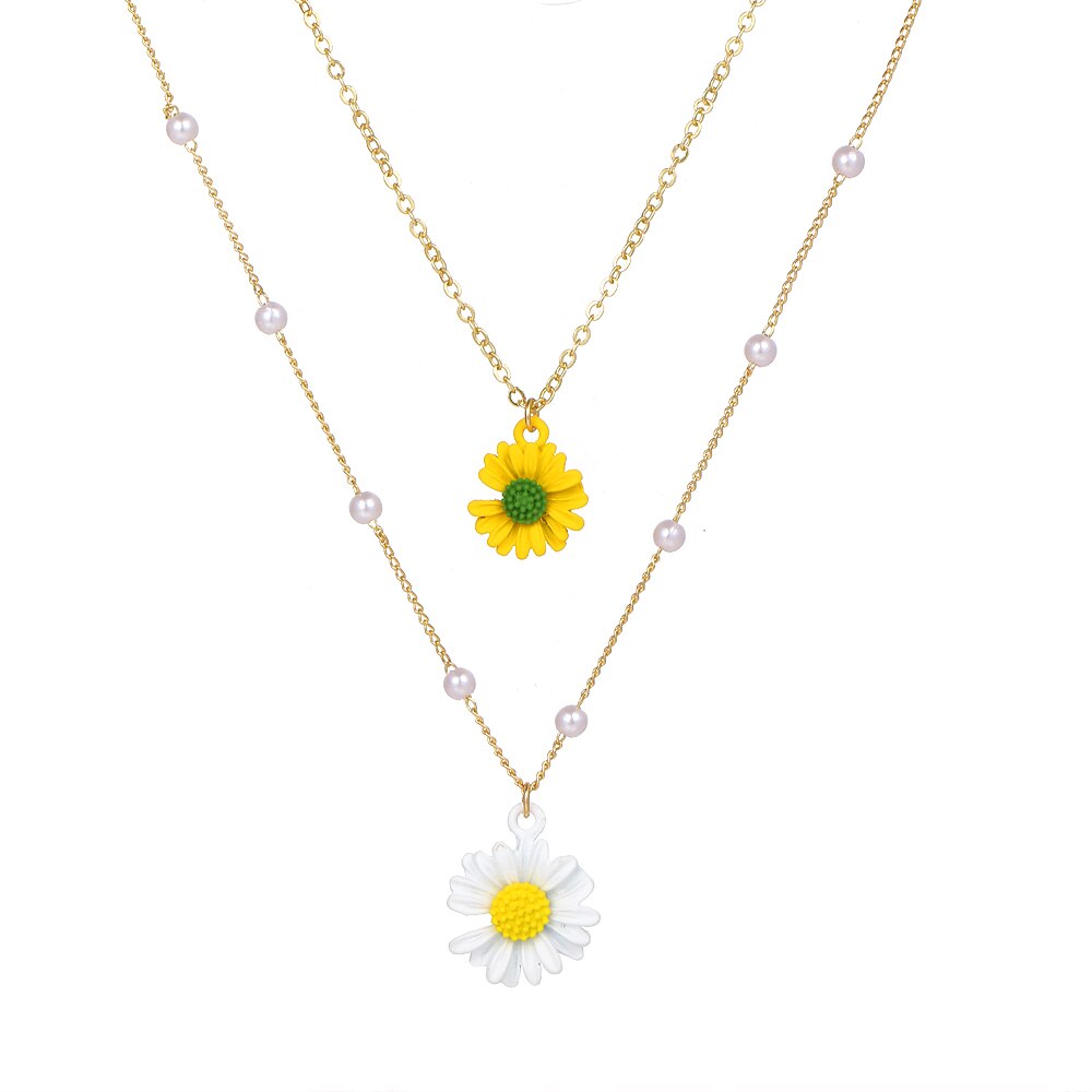 Korean Fashion Layered Pearl Flower Pendant Necklace Female Daisy Pearl Necklace Vintage Jewelry Gift