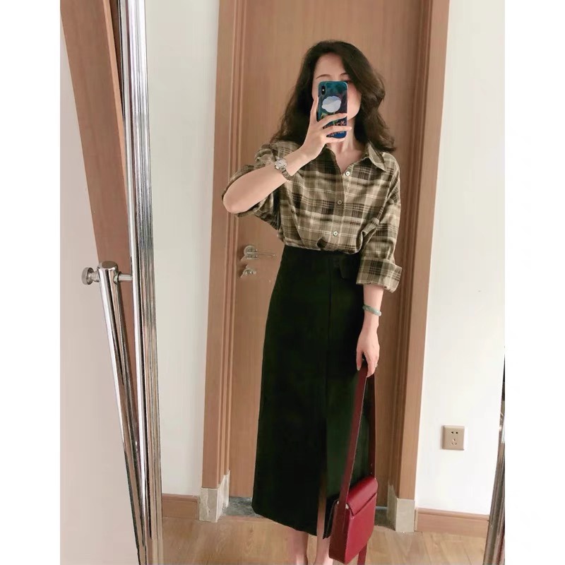 Chân váy công sở xẻ tà giữa phong cách retro, Chân váy chữ A dáng dài xẻ tà giữa hàng Quảng Châu (cí