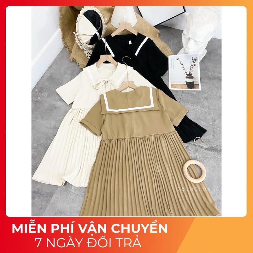 Hàng canh SALE Váy quảng châu Đầm Nữ Thủy Thủ Phối Màu - Váy Ngắn Tay Cổ Bẻ Buộc Nơ [Hàng Quảng Châu Cao Cấp]