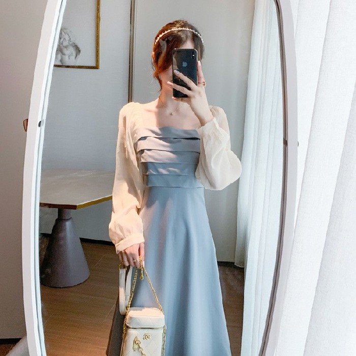 Váy vintage dáng dài tiểu thư kiểu tay bồng, Váy xòe dài tay nữ dáng suông ulzzang Hàn Quốc | BigBuy360 - bigbuy360.vn