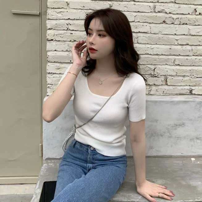 Áo Thun Tay Ngắn Cổ Vuông Bằng Lụa Lạnh Thời Trang 2023 Cho Nữ