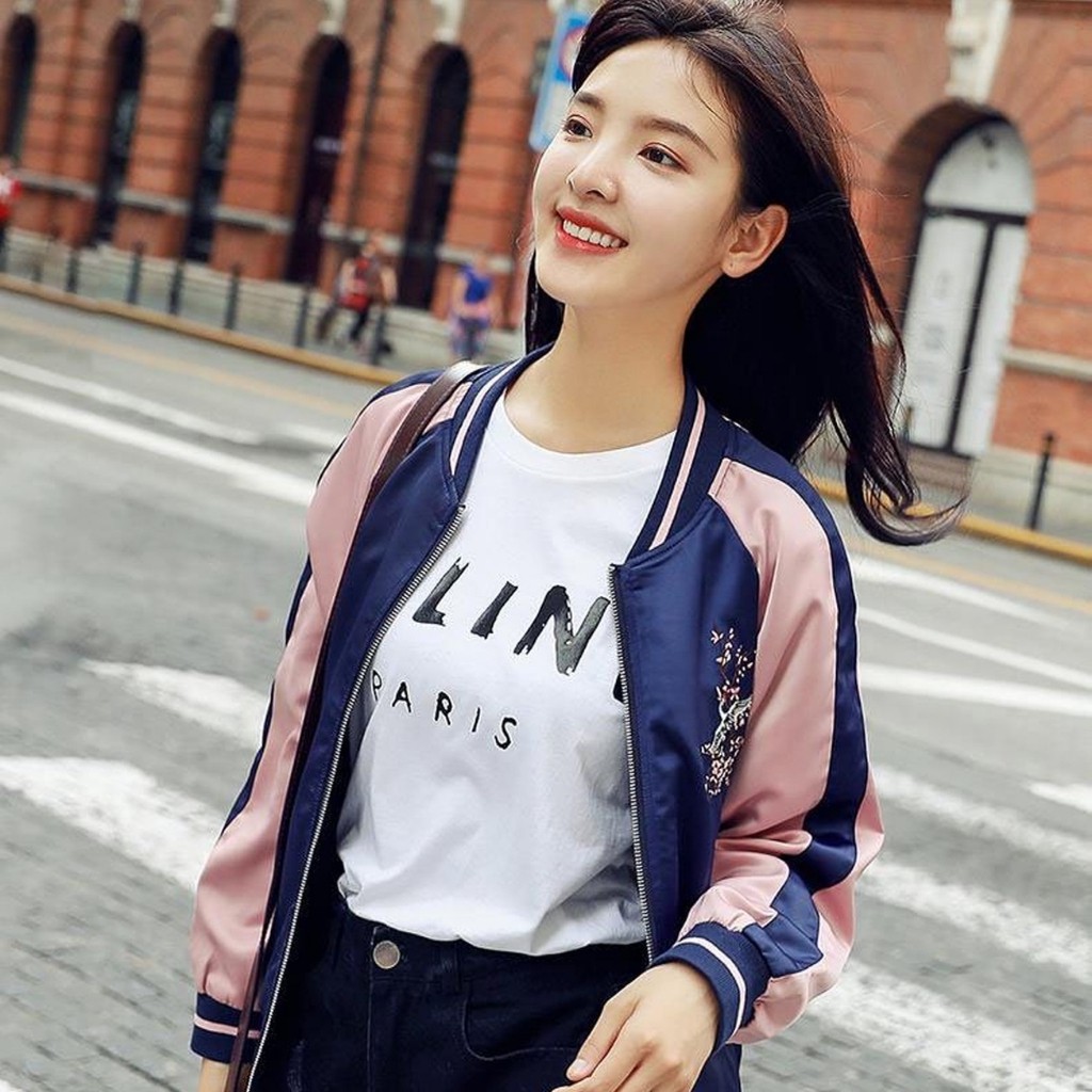 Áo khoác dù Bomber dây kéo KD14 thêu hoa anh đào, form Hàn Quốc unisex cho nam nữ, chất liệu dù cao cấp | BigBuy360 - bigbuy360.vn