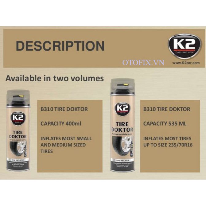 K2 Tire Doktor - bình bơm lốp ô tô xe máy khẩn cấp chống xì hơi do đinh, không cần thay lốp dự phòng