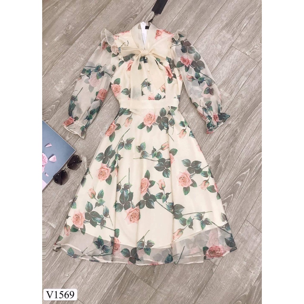 V1569 Váy voan hoa tay lỡ dáng xòe dài cổ nơ nữ tính - DVC&ACC