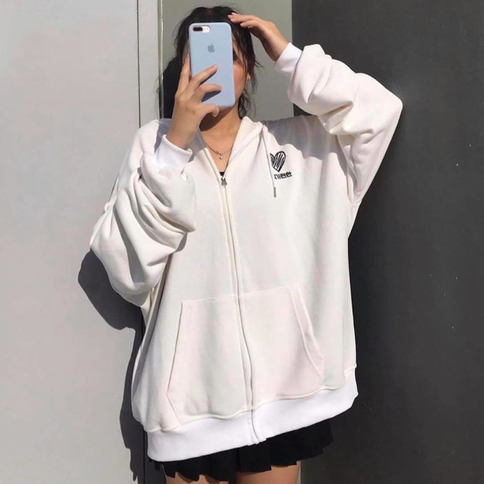 Áo hoodie thêu tim unisex form rộng có dây kéo chất nỉ bông giữ ấm - Valu Store