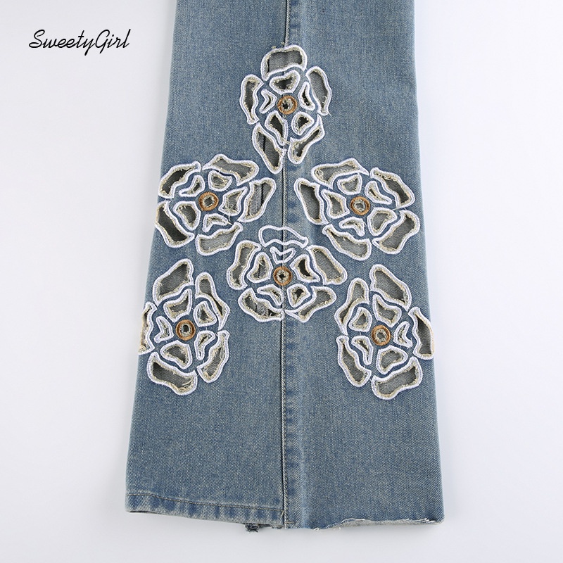 Quần Jeans Lưng Thấp Ống Loe Thêu Họa Tiết Thời Trang Đường Phố Cho Nữ 2022