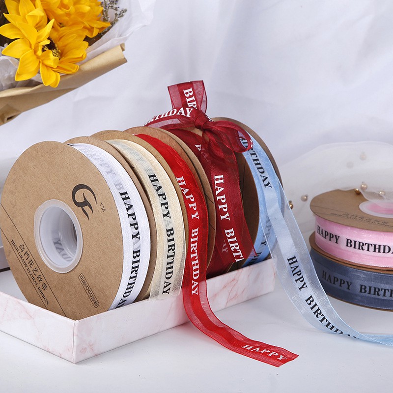 Lẻ 1 mét ruy băng vải voan in chữ Happy Birthday 2cm siêu đẹp trang trí túi đựng quà