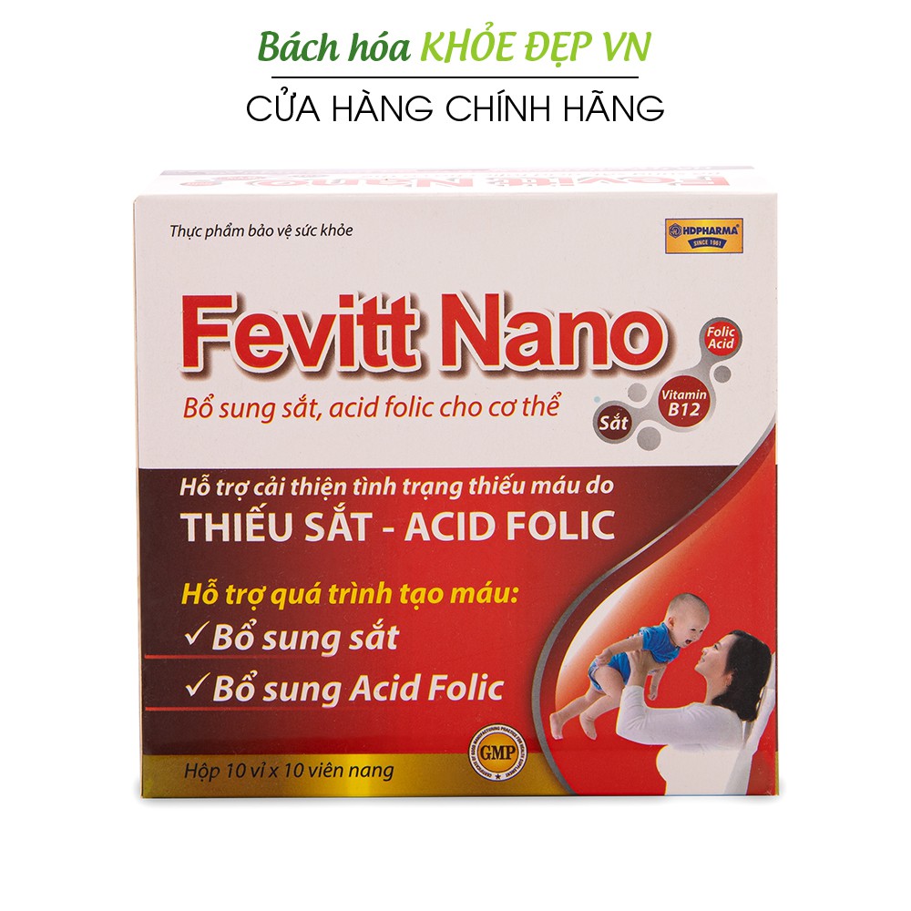 Fevitt Nano bổ máu, Sắt, Acid Folic cho người thiếu máu - Hộp 3 mắt 100 viên