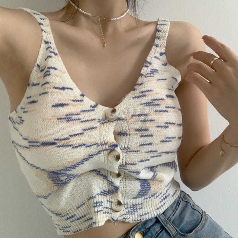 Áo Croptop Dệt Kim Hai Dây Cổ Chữ V Cài Nút Họa Tiết Kẻ Sọc Nhiều Màu Sắc Thời Trang Mùa Hè Quyến Rũ Cho Nữ