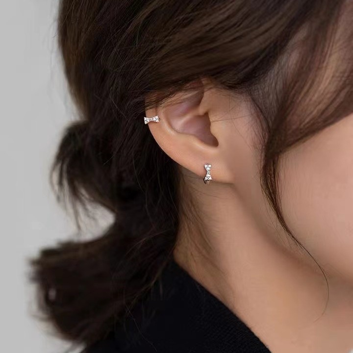 Bông tai đính đá hình nơ chất liệu bạc 925 Hasa khuyên tai hoa tai tròn phong cách Hàn Quốc cực xinh nữ tínho