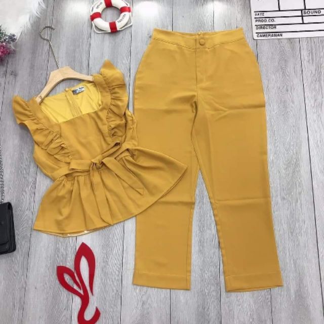 Sét bộ áo cổ vuông cột nơ eo