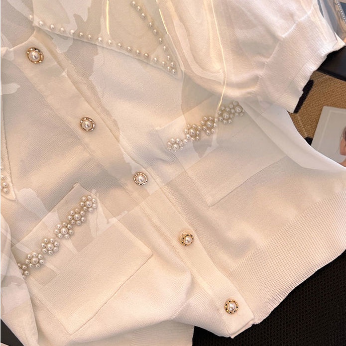 Small fragrance nail bead Polo neck knitted cardigan women's summer thin short sleeve T-shirt French single breasted bubble sleeve top
