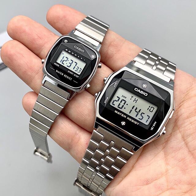 Đồng hồ unisex Casio Vintage COUPLE A159 VÀ LA670 diamond Bạc