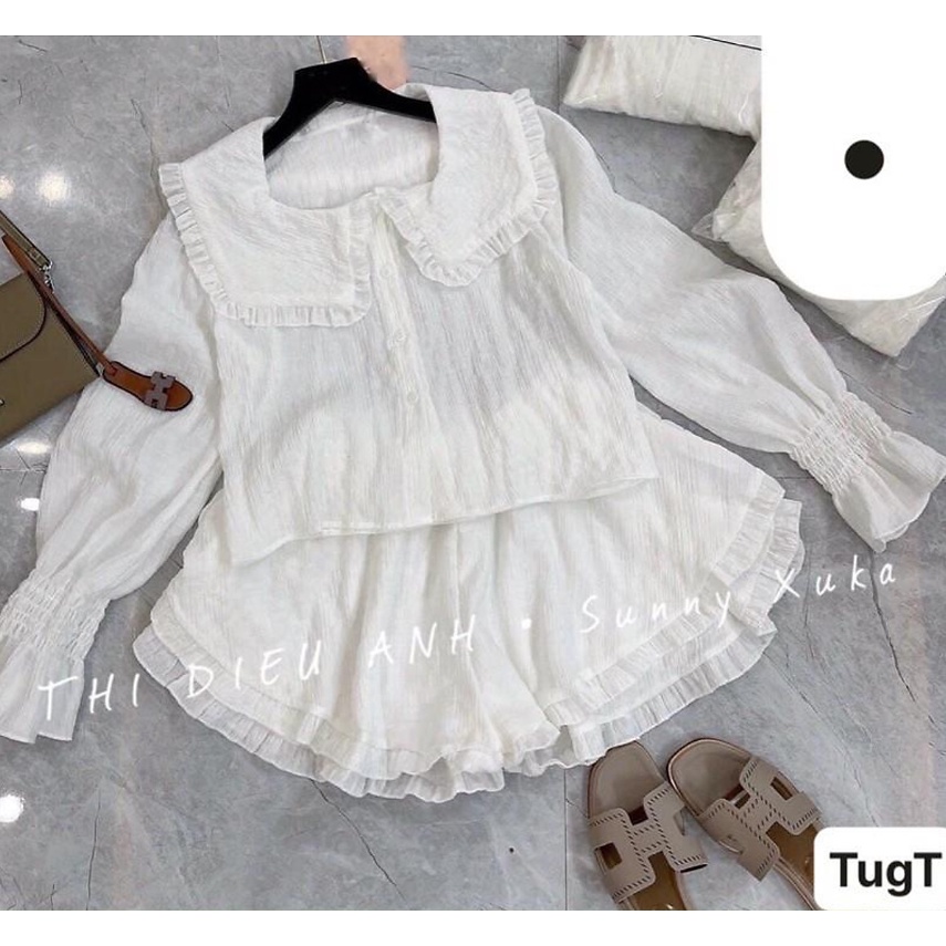 Set bộ áo bèo tầng tay dài quần short đũi xốp siêu phẩm