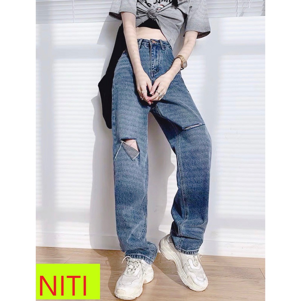 QUẦN JEAN ỐNG RỘNG NỮ RÁCH NGANG TRÁI VẠT PHẢI MÀU XANH RÂU MÈO ĐẬM LAI CUỐN FORM RỘNG CAO CẤP NITI HOT HIT ĐỈNH CAO HOT