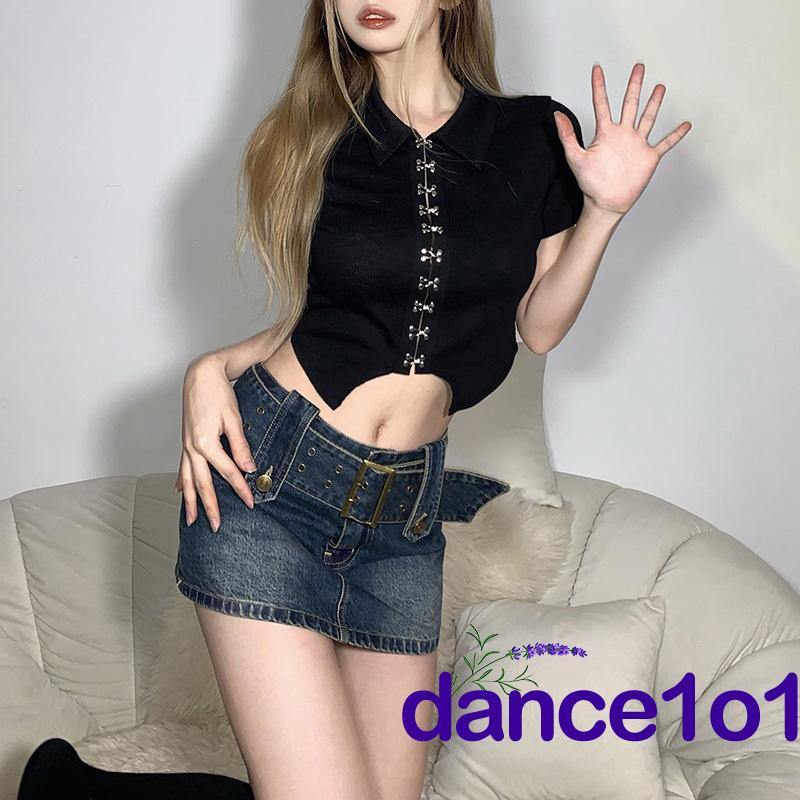 ✣XB❥Women Short Sleeve Turn-down Collar Buckled Irregular Hem Summer Top