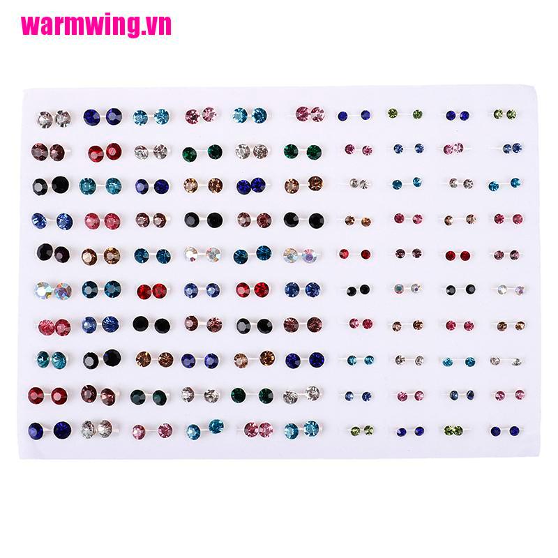 【WMVN】100 Pairs Fashion Rhinestone Colorful Small Earrings Set Women Ear Stud Je