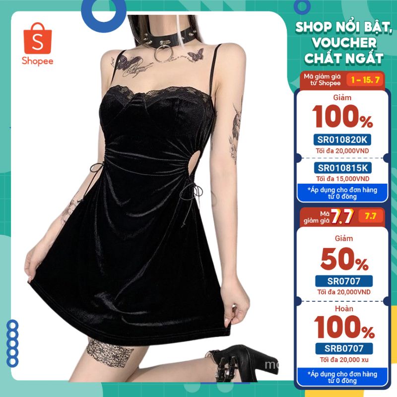 Đầm 2 dây phối ren, khoét eo, đầm nhung