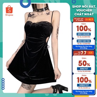 Đầm 2 dây phối ren, khoét eo, đầm nhung
