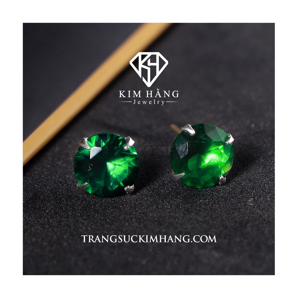 Khuyên Tai Bạc Nụ Tròn Đá Xanh Lá KHJER074- Chốt Đẩy