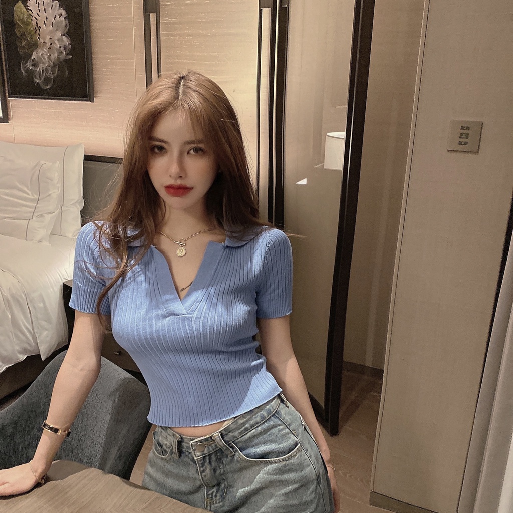 QADCOL Áo Thun Dệt Kim Tay Ngắn Cổ Chữ V Dáng Ôm Phong Cách retro Hàn Quốc Dành Cho Nữ