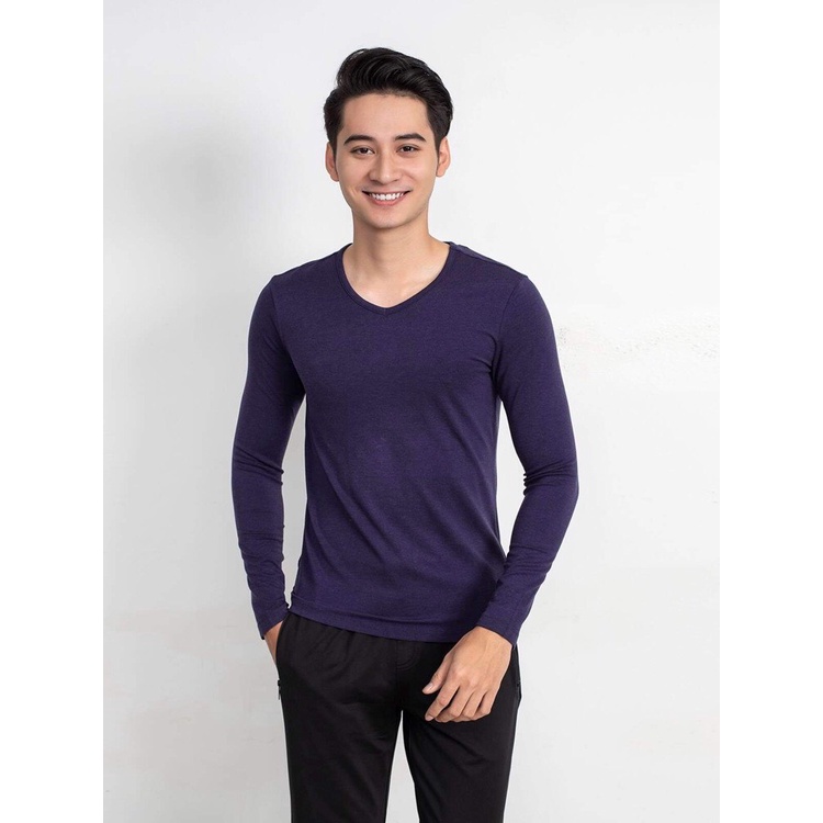Áo thun nam dài tay ARISTINO ALT007W8 màu tím than, chất liệu cotton co giãn tốt, ôm cơ thể, cổ tròn