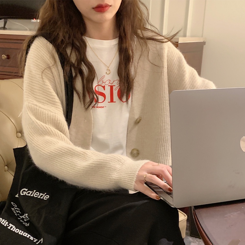 Áo khoác cardigan dài tay cổ chữ v phối hàng nút đơn thời trang cho nữ 46088