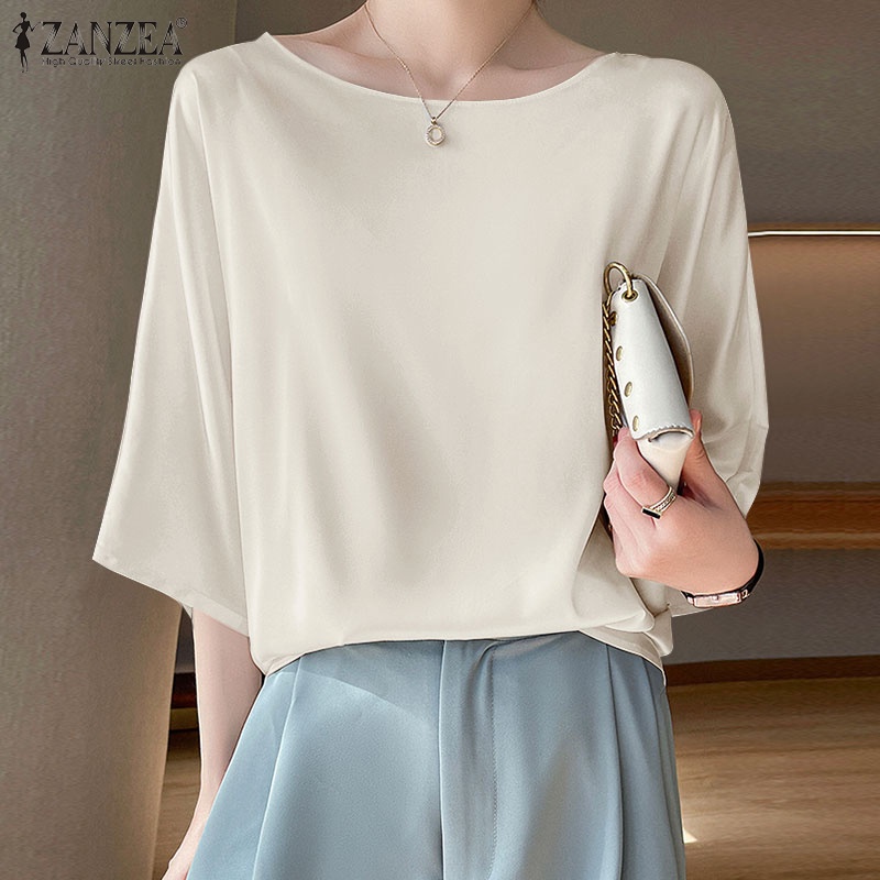 Zanzea Áo Sơ Mi Cổ Tròn Tay Lửng Vải Satin Thời Trang Công Sở Cho Bạn Gái