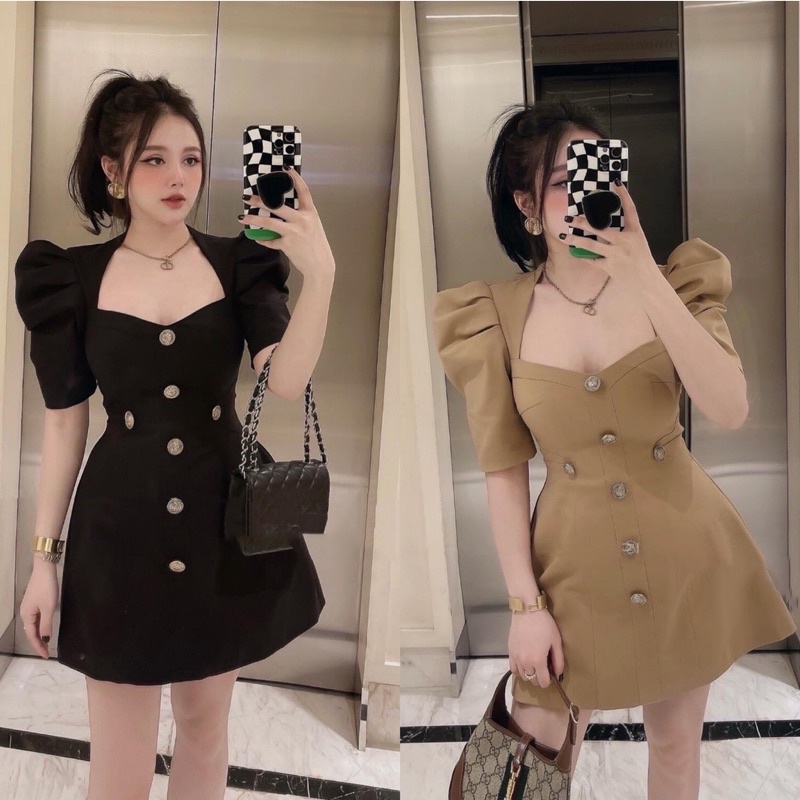 Váy kaki cổ vuông tay bồng hàng loại 1 dáng chữ A hottrend 2022